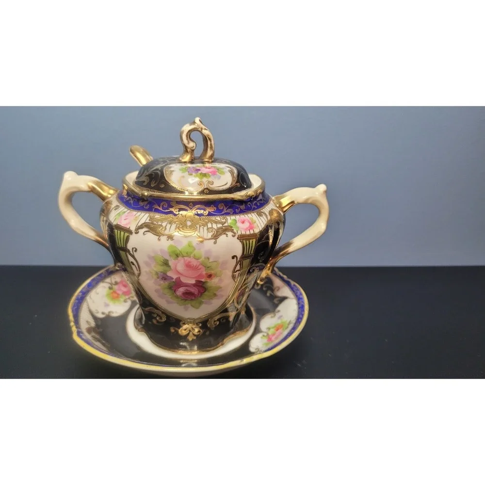 Antique Nippon Condiment Bowl Attached Underplate Hand Painted & Gilded No Spoon
